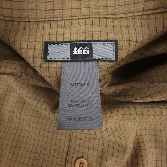 REI Short Sleeve Button Down Camp Shirt Brown Windowpane Mens Large Gorpcore - Picture 2 of 8